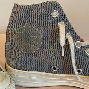Denim with rainbow stitch, Converse Chuck Taylor High Tops, Men 6.5/Women 8.5